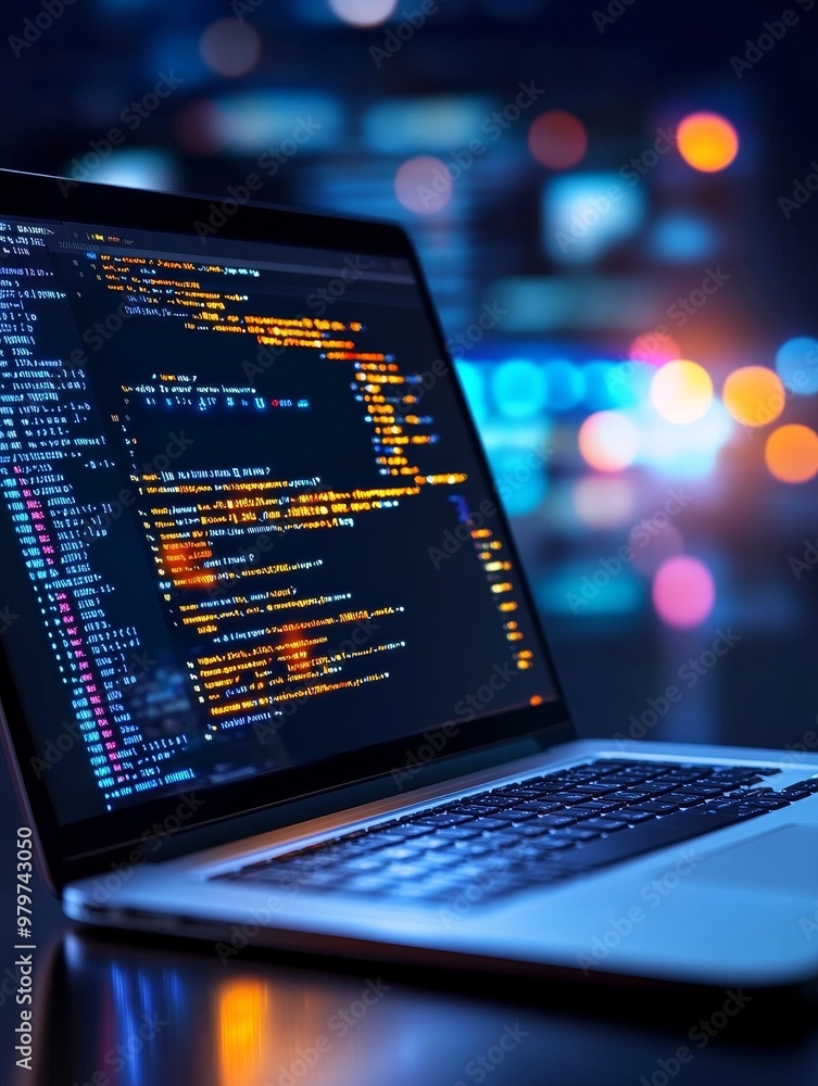 Poster close-up of a laptop screen displaying code with colorful city lights in the background, symbolizing