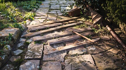 A sunny flagstone walk with a set of wooden garden equipment laying on it
