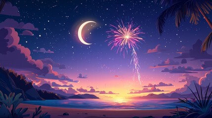 A colorful fireworks display illuminates the night sky above a tranquil beach, with stars and a crescent moon creating a dreamy atmosphere.