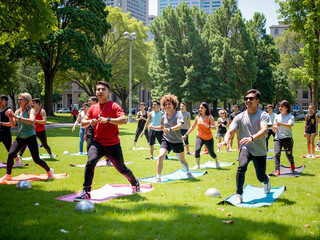 A diverse group participates energetically in an outdoor fitness class in a green park, fostering health and community engagement amidst a backdrop of skyscrapers.