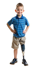 Smiling boy with a prosthetic leg standing on a black background, child with mobility assistance.