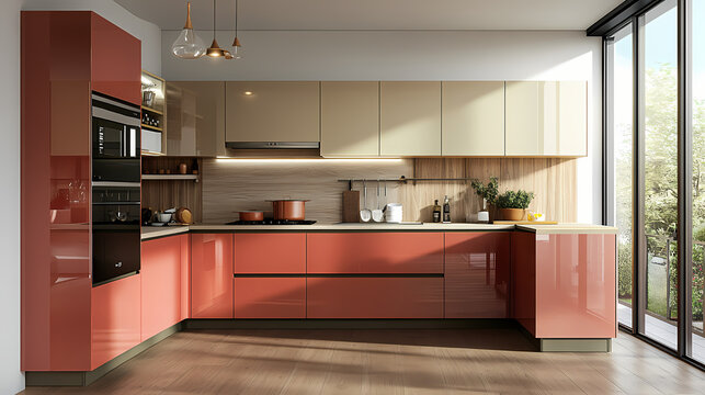 Modern modular l shaped kitchen with dual tone of gallantry ivory oak and complementary colors. Complementary Colors. Illustration