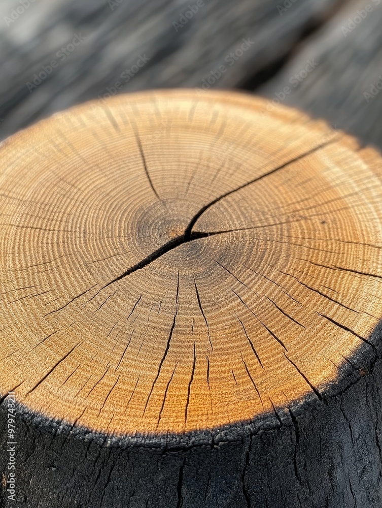 Poster close-up of tree rings on charred tree stump, showcasing the intricate details and patterns of natur