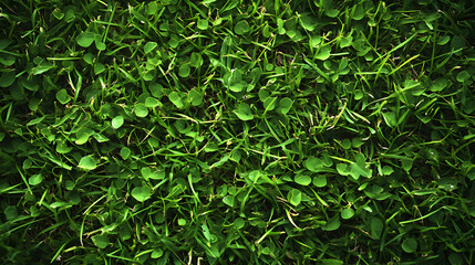 A Close-Up View of Lush Green Grass with Delicate Clover Leaves, Creating a Natural and Serene Background Texture