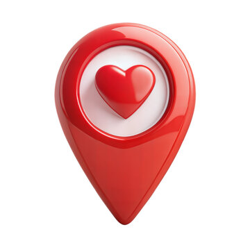 Red location pin with a heart inside on a black background, symbol of love and location.