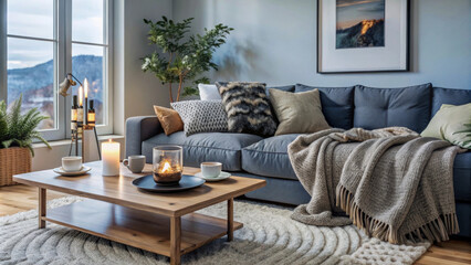 Cozy living room with comfortable sofa, decorative pillows, and warm blanket. inviting atmosphere is enhanced by candles and stylish coffee table, perfect for relaxation