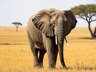 Fototapeta premium A majestic elephant stands proudly in a vast, grassy field under a bright blue sky, showcasing the beauty and grandeur of wildlife in its natural habitat during daytime.