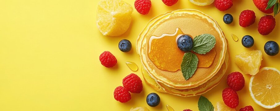 HAPPY National Pancake Day banner template. Flat lay composition with pancakes, syrup, and fruits on yellow background. Top view with copy space - Powered by Adobe