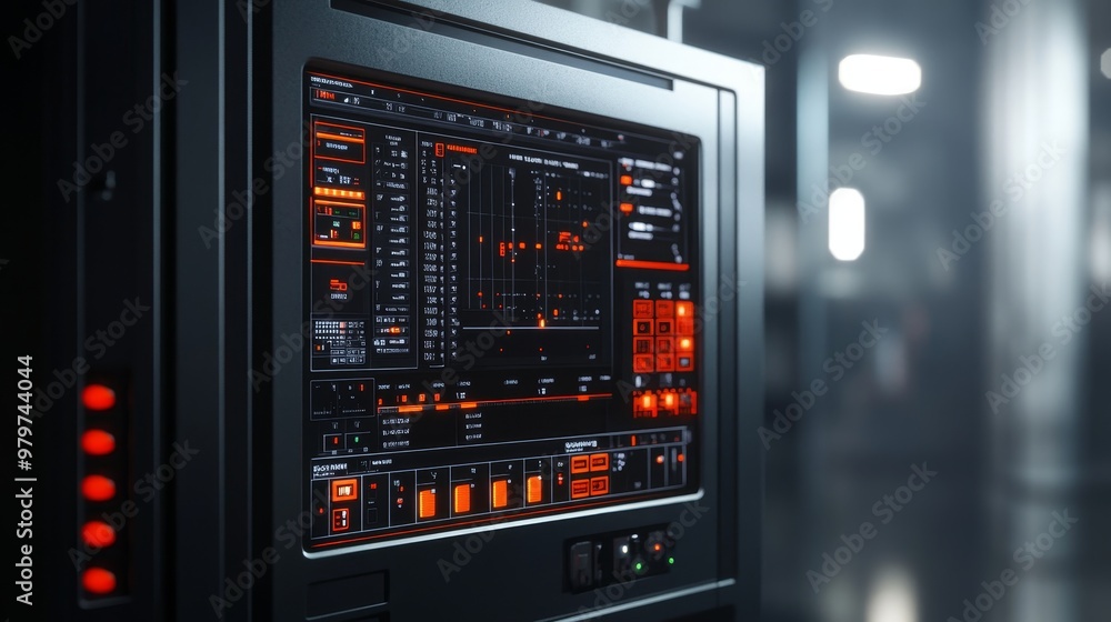 Poster futuristic cnc machine control panel with digital interface, showcasing advanced technology, automat