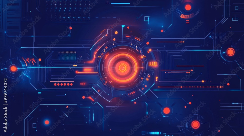 Poster futuristic engine generating digital ideas, symbolizing innovation, technology, data processing, art