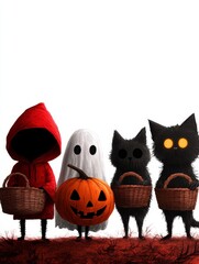 Obraz premium Four adorable Halloween characters, a ghost, a cat, and two trick-or-treaters, are dressed up for Halloween and are ready for a night of fun.