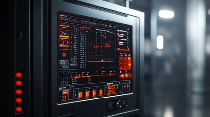 Futuristic CNC Machine Control Panel with Digital Interface, showcasing advanced technology, automation, industrial design, data visualization, and modern manufacturing.