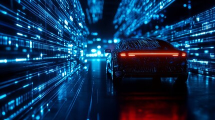Fototapeta premium Futuristic Car Driving Through Digital Tunnel, representing the future of transportation, technology, innovation, speed, and digital connectivity.