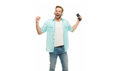 Man in headphones. Man in headphones choosing playlist of mp3 on phone. Man using smart phone...