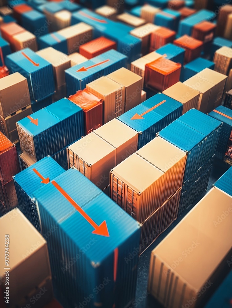 Poster global supply chain network with arrows showing growth. cargo containers represent global trade and 