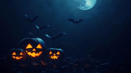 Fototapeta premium Glowing Jack-o'-Lanterns with scary faces illuminate the night under a full moon with bats flying overhead. A spooky and festive image perfect for Halloween.