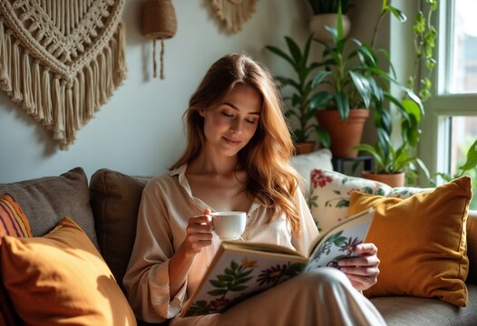 A serene woman sits comfortably in a cozy home setting with warm lighting, reading a book and sipping coffee, capturing the essence of relaxation and leisure.