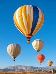 Fototapeta premium Hot Air Balloons Soaring Over Cappadocia, a breathtaking sight of colorful balloons against a clear blue sky, symbolizing adventure, freedom, beauty, exploration, and tranquility.
