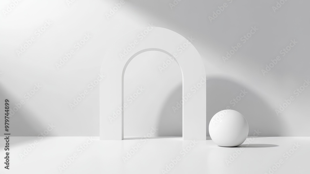 Poster modern 3d of a white archway with a sphere, illuminated by a single light source, representing simpl