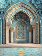 Obraz premium Majestic Entrance to a Middle Eastern Mosque with intricate details and stunning blue and gold color scheme, symbolizing faith, beauty, architecture, tradition, and culture.