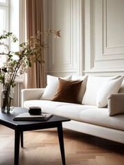 Obraz premium Modern living room with a white sofa, brown throw pillow, black coffee table, and natural light streaming in through a window.