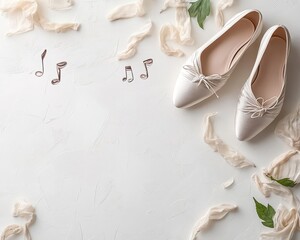 HAPPY International Dance Day banner template. Flat lay composition with ballet shoes, music notes, and dance symbols on white background. Top view with copy space