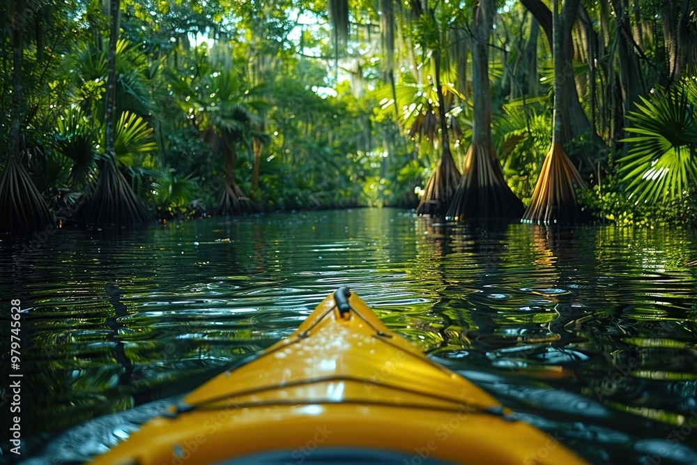 Poster a kayak is in the middle of a river with green trees in the background