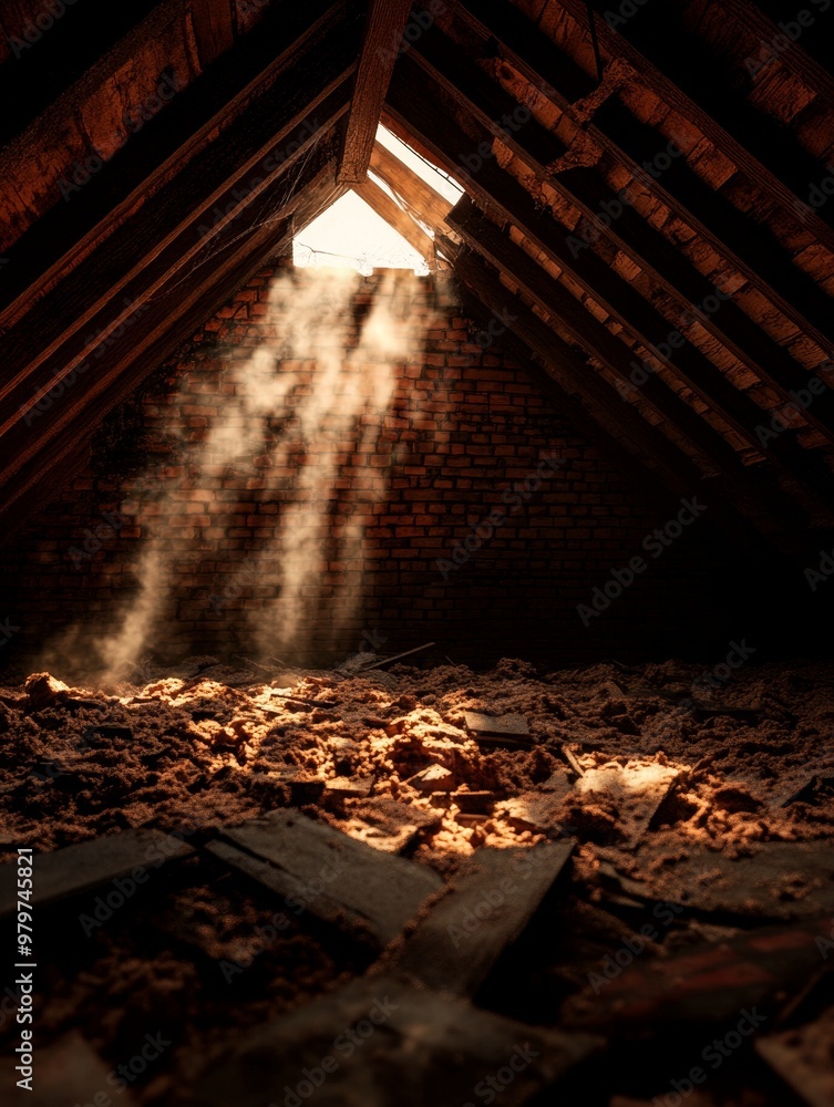Poster sunbeams stream through a broken window in an abandoned attic, illuminating dust and cobwebs, creati