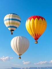 Naklejka premium Stunning view of three hot air balloons, a blue and yellow striped, a red and yellow, and a white one, against a clear blue sky, symbolizing adventure, freedom, travel, exploration, and wonder.