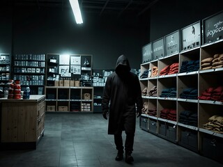 Hooded thief in a store at night, showing retail theft.