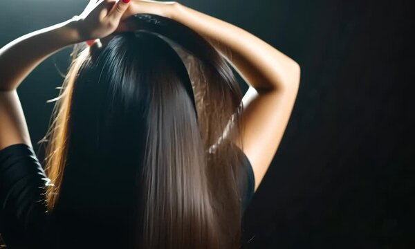 A skilled stylist demonstrates techniques for achieving smooth and glossy long hair, showcasing tools and methods in an upscale salon setting with dramatic lighting