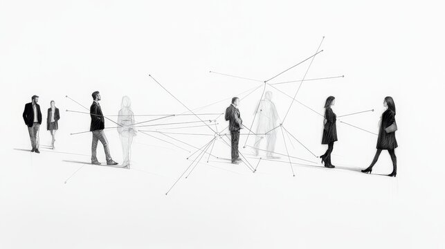 This artwork depicts the concept of interconnected stakeholders in a business environment. The lines represent connections and collaboration, illustrating the importance of teamwork and shared goals.