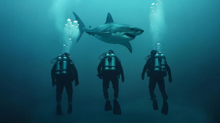 Naklejka premium Three scuba divers encounter a great white shark in the ocean, showcasing the thrill and danger of underwater exploration. This image captures the awe-inspiring presence of the shark and the divers' c