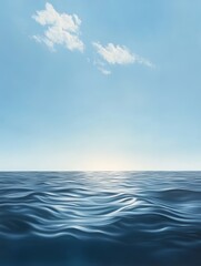 Fototapeta premium Tranquil Ocean Horizon, a serene seascape with a calm blue ocean, soft white clouds, and a distant horizon. The image evokes peace, serenity, and a sense of vastness.