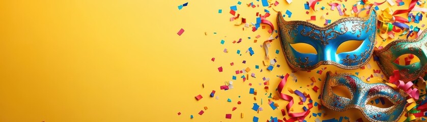HAPPY Carnival banner template. Flat lay composition with colorful masks, confetti, and streamers on bright yellow background. Top view with copy space