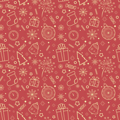 Seamless pattern of beige Christmas symbols on a red background. Christmas tree, stars, fireworks, Christmas tree toy, candy, sock, clock