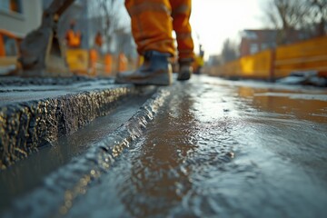 Workers smooth wet concrete on a road at sunset, showcasing the gritty details of urban construction