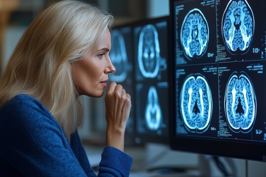Female doctor analyzing MRI scans with a thoughtful expression symbolizing concentration problem solving and the pursuit of excellence in neuroimaging diagnostics