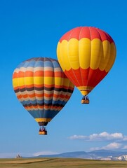 Naklejka premium Two colorful hot air balloons ascend against a clear blue sky over the breathtaking landscape of Cappadocia, Turkey. A symbol of freedom, adventure, and the beauty of nature.