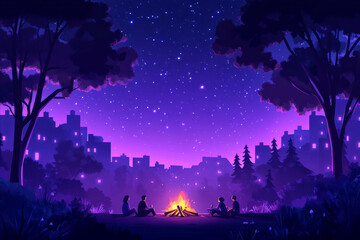 A group of people are sitting around a fire in a forest