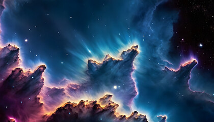 Obraz premium A stunning cosmic scene featuring vibrant nebulae with swirling clouds of gas and dust illuminated by starlight. The colors range from deep blues to bright purples and oranges.