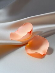 Two delicate rose petals lay on a smooth satin fabric, symbolizing beauty, romance, fragility, purity, and nature.