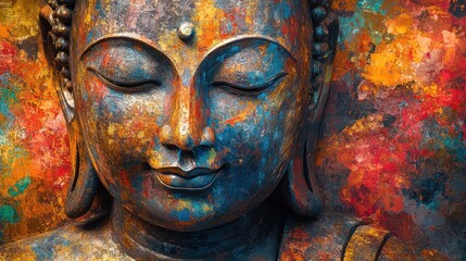 Close-up oil painting of Buddha statue with vibrant brushstrokes and deep textures, abstract background.