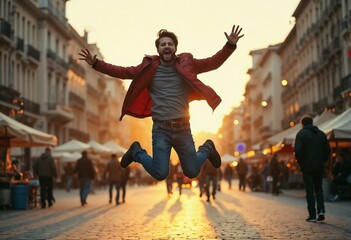 A young man in a red jacket leaps energetically in the air on a bustling city street at sunset, embodying freedom and exuberant joy amidst urban vitality.