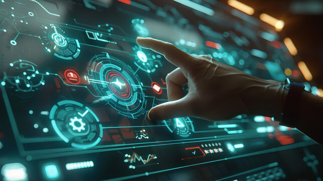Hand touching futuristic holographic advanced artificial intelligence virtual reality digital technology display. Interior of alien space ship UFO advance technology computer system. 