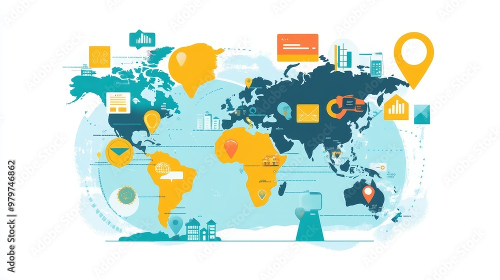 Poster world map illustrating global search trends with icons representing various concepts like communicat
