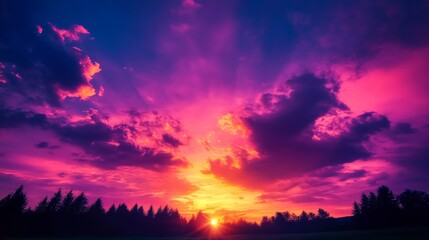Fototapeta premium Vibrant sunset sky with a mix of purple, pink, and orange hues. The clouds create a dramatic and awe-inspiring scene. This image symbolizes peace, tranquility, hope, beauty, and nature.