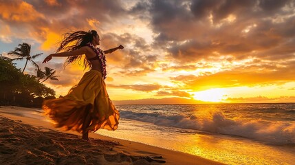 Hawaiian Dancer Silhouetted Against a Sunset
