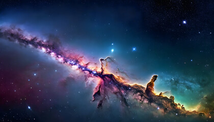 Fototapeta premium A stunning view of a colorful nebula in space, showcasing vibrant hues of blue, purple, and orange. The nebula features intricate structures and bright stars scattered throughout.