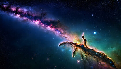 A stunning view of a colorful galaxy with vibrant hues of pink, purple, and blue. The galaxy features swirling clouds of gas and dust, with bright stars scattered throughout the scene.
